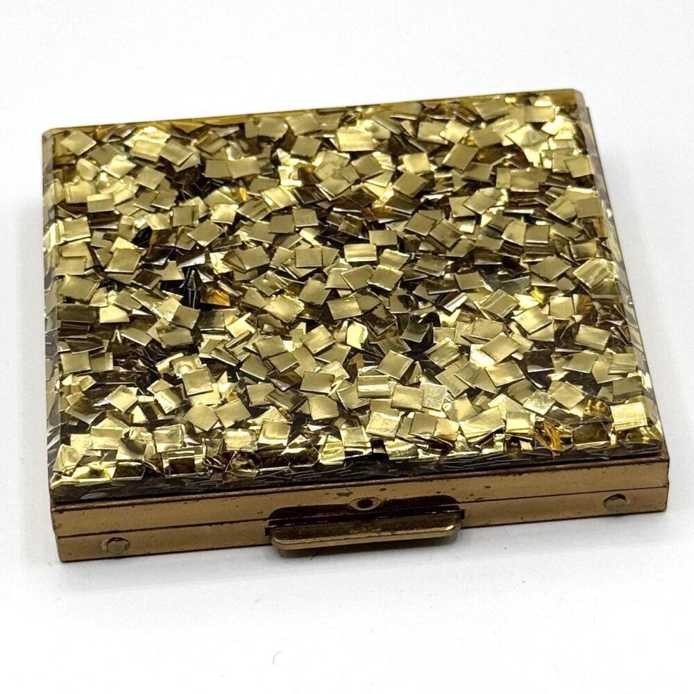 Vintage Lucite Gold Confetti Glitter Mirror Compact